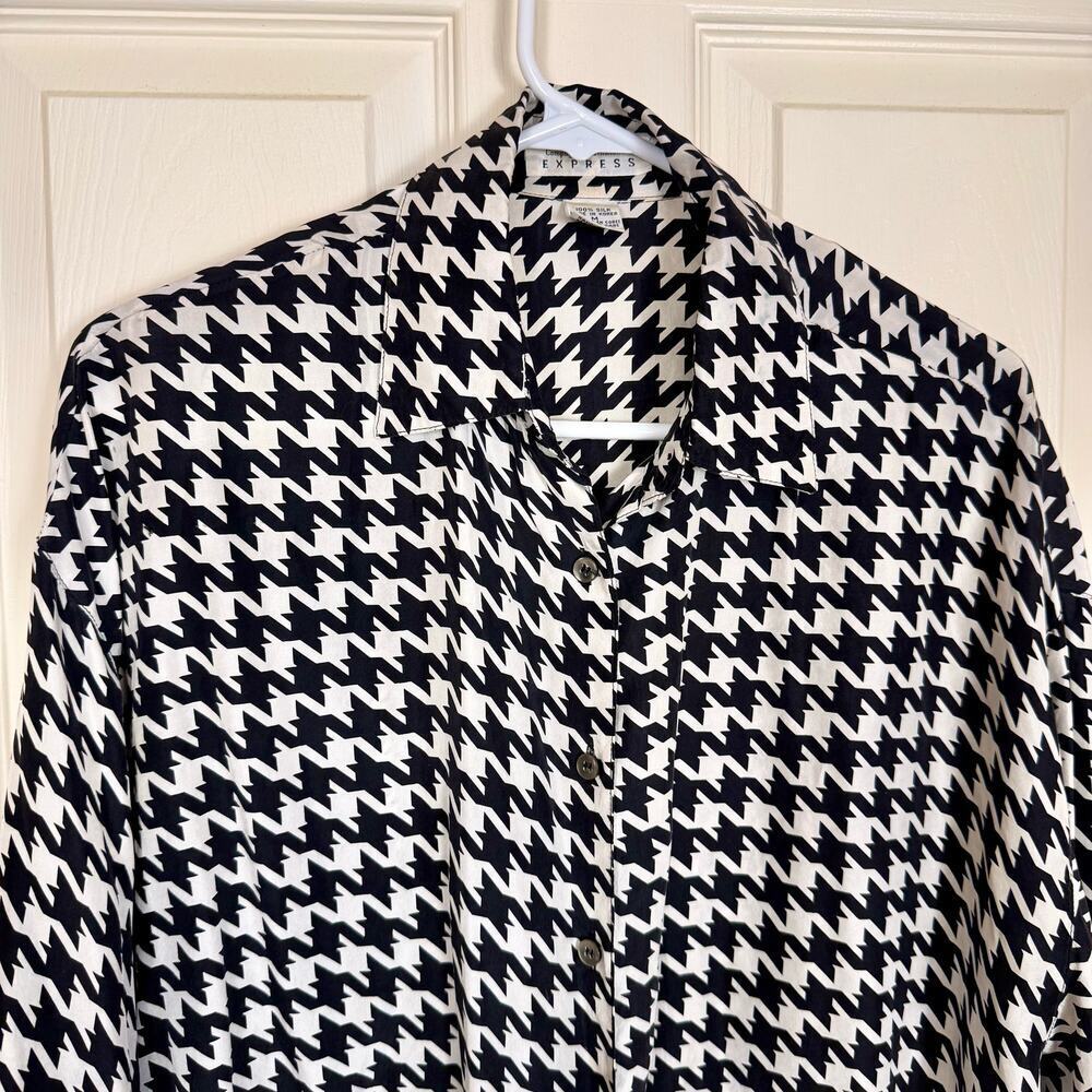 Vintage 100% Silk Express Houndstooth Print Button Down Shirt Oversized 90's M - Picture 7 of 9